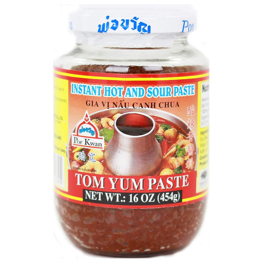 Jar of Por Kwan Tom Yum Paste with label on a white background