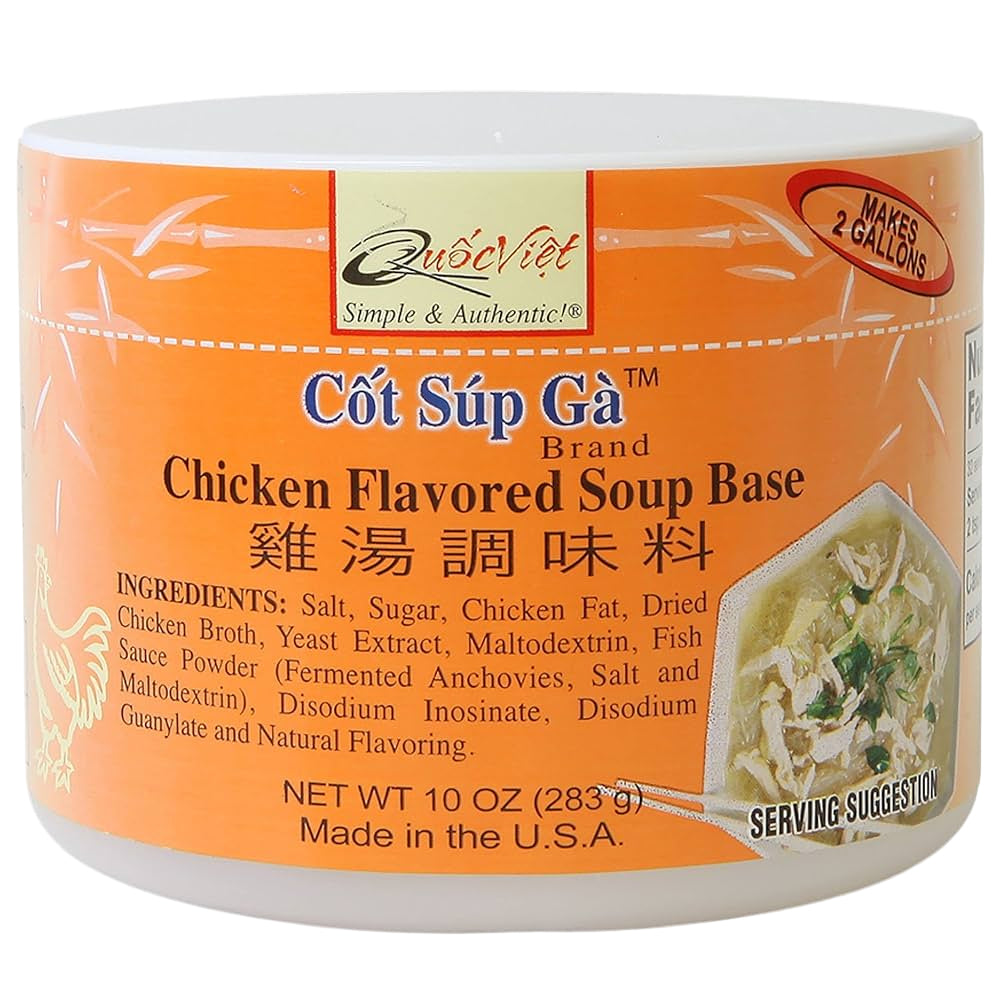 Cot Sup Ga Chicken Flavored Soup Base container with orange label and white lid.