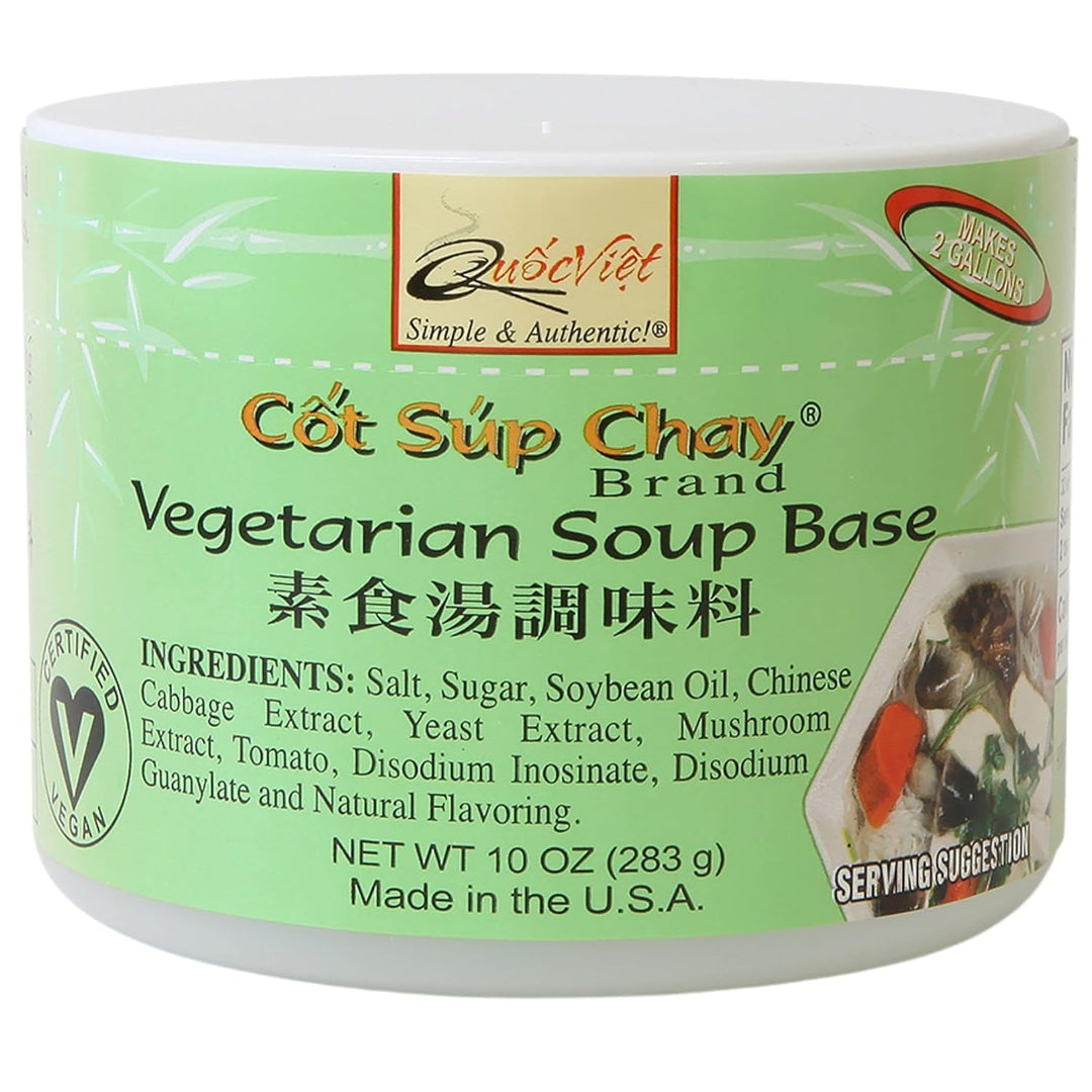 Cot Sup Chay Vegetarian Soup Base container with green label and white lid.