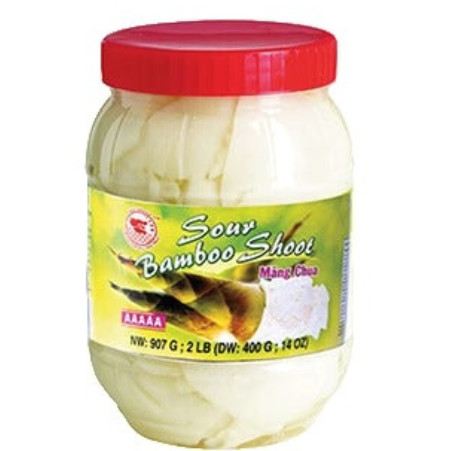 Jar of Sour Bamboo Shoots with a red lid on a white background