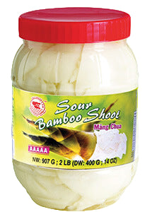 Plastic jar of Sour Bamboo Shoots with a red lid, image of three green bamboo shoots on label.