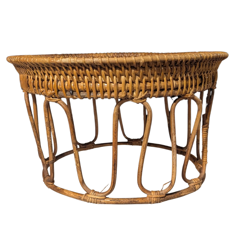 Side view of brown woven bamboo rattan table on a white background