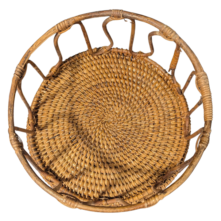 Aerial view of brown woven bamboo rattan table on a white background