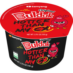 Squidgy instant noodles container with red and black design, featuring a cartoon character and text.