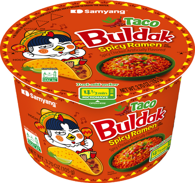 Samyang Taco Buldak Spicy Ramen in orange bowl container with chicken cartoon character in a hard yellow taco shell.