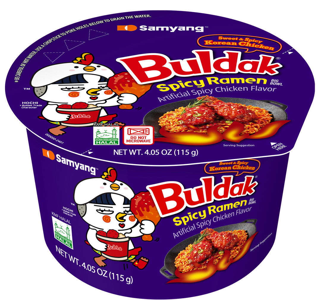 Samyang Buldak Spicy Ramen packaging with chicken illustration on a white background