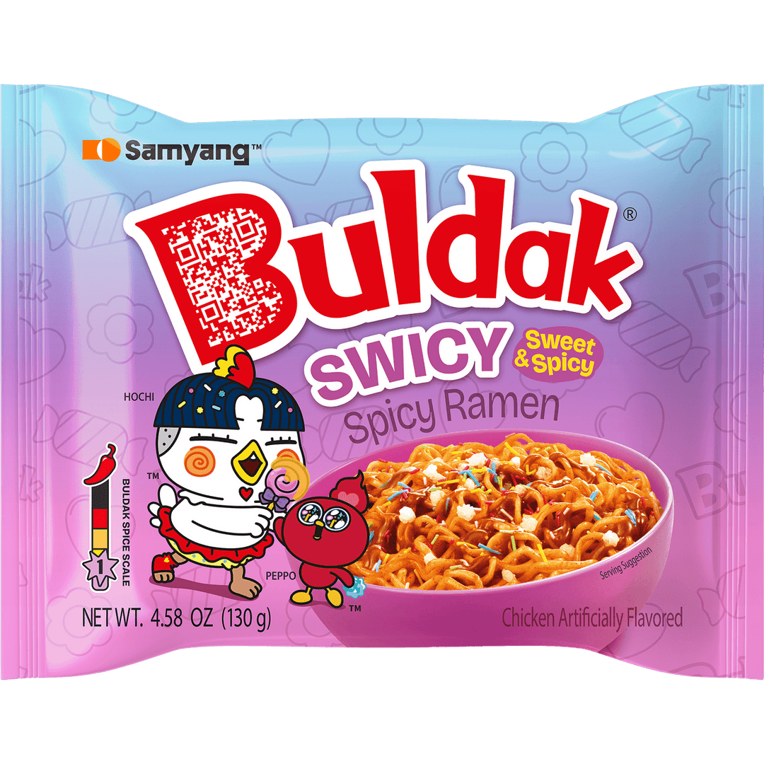 Buldak Swicy Spicy Ramen packaging with cartoon characters on a blue and pink background