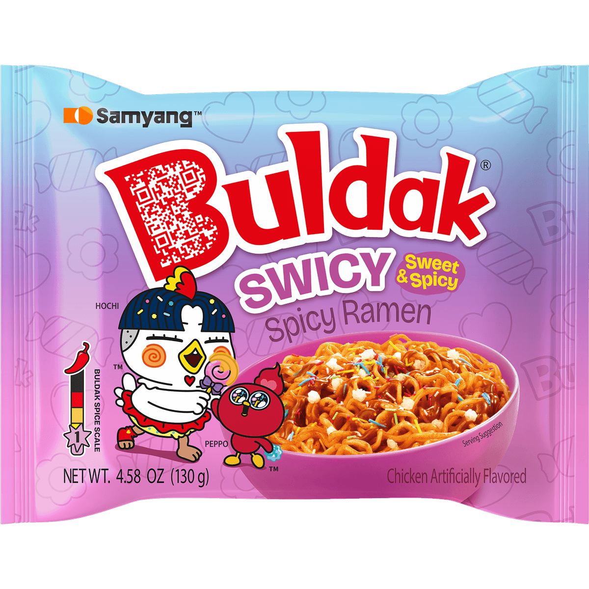 Buldak Swicy Spicy Ramen packaging with cartoon characters on a blue and pink background