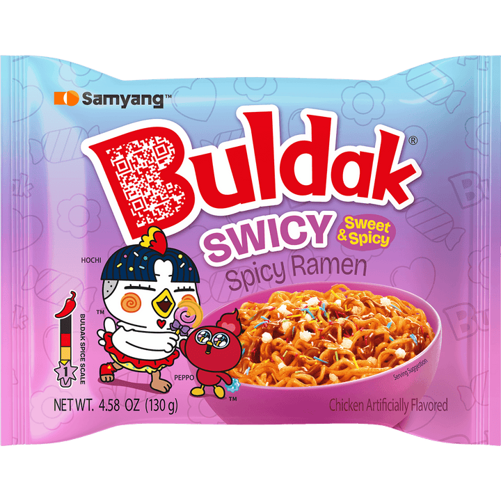 Buldak Swicy Spicy Ramen packaging with cartoon characters on a blue and pink background