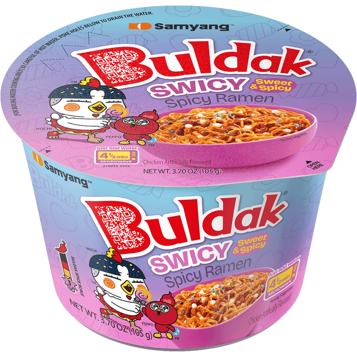 Samyang Buldak Swicy Spicy Ramen container with cartoon characters on a blue background