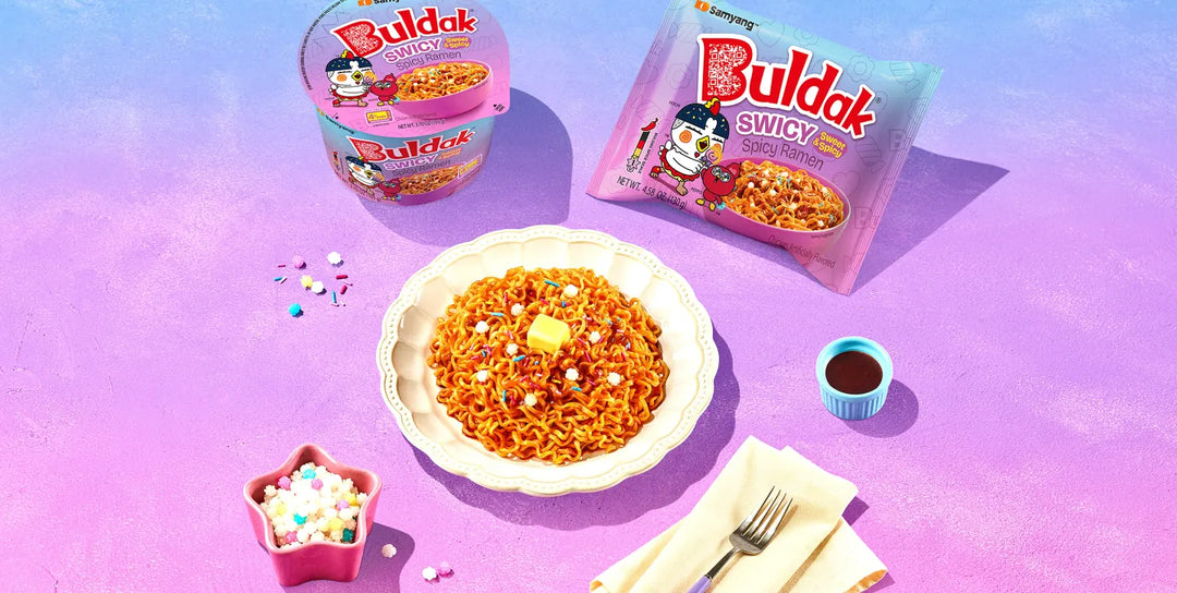 Buldak instant noodles with packaging on a colorful background