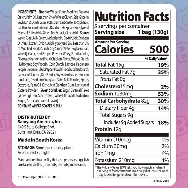 Nutrition facts label on a product packaging with a pink and purple gradient background.