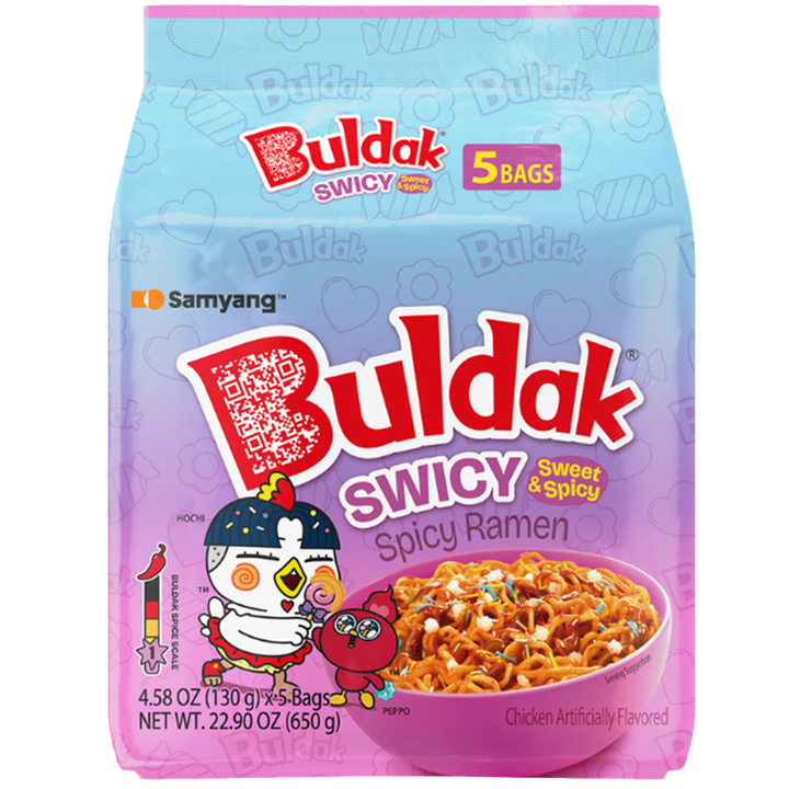 Buldak Swicy Spicy Ramen packaging with cartoon characters on a white background