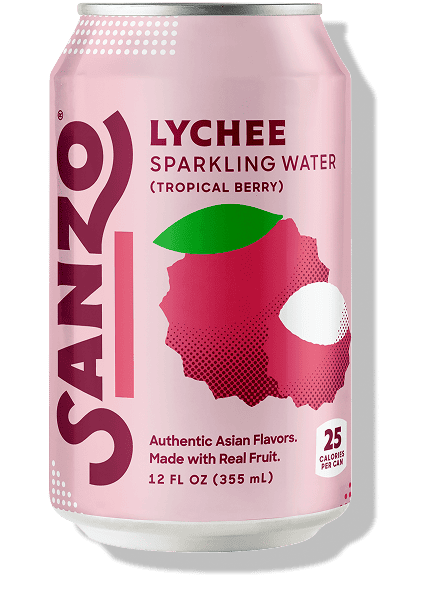 Pink can of Sanzo Lychee Sparkling Water on a white background