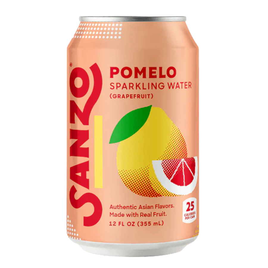 A 12 fl oz can of Sanzo Pomelo Sparkling Water (Grapefruit) on a solid white background. The can features a peach-colored label with a large red Sanzo logo, a yellow pomelo graphic, and a slice of red grapefruit.