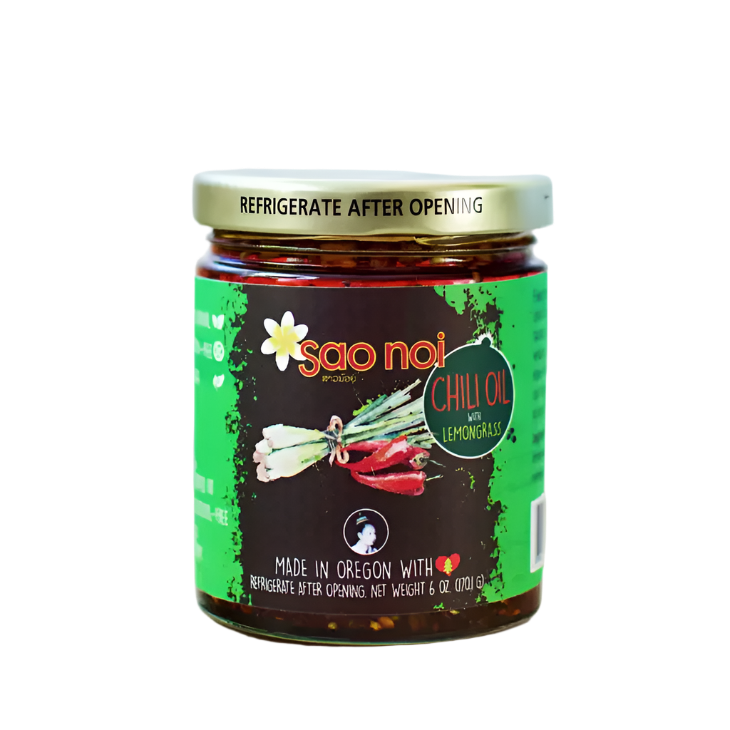 Sao Noi Chili Oil with Lemongrass jar, 6 oz, featuring a label with bold text and images of chili peppers and lemongrass, labeled &