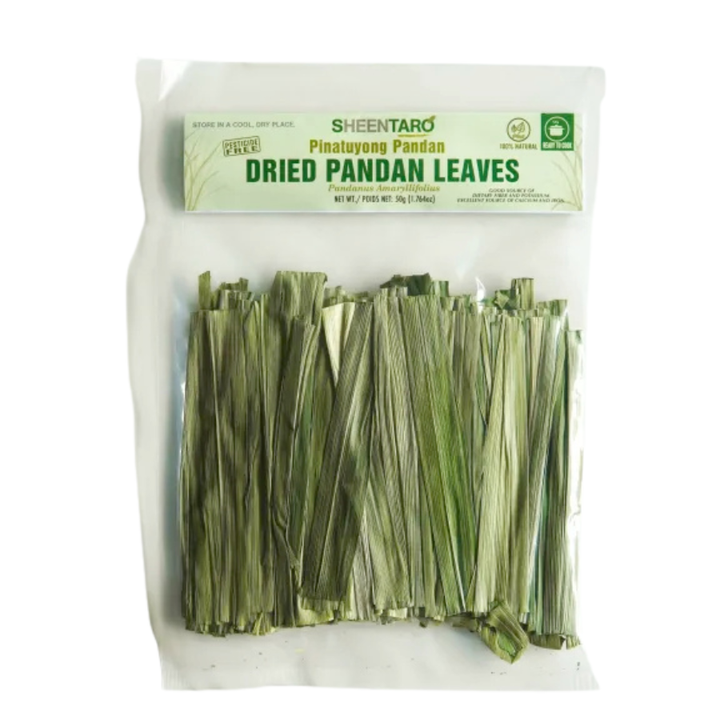 Packaged dried pandan leaves with a visible brand label on a white background