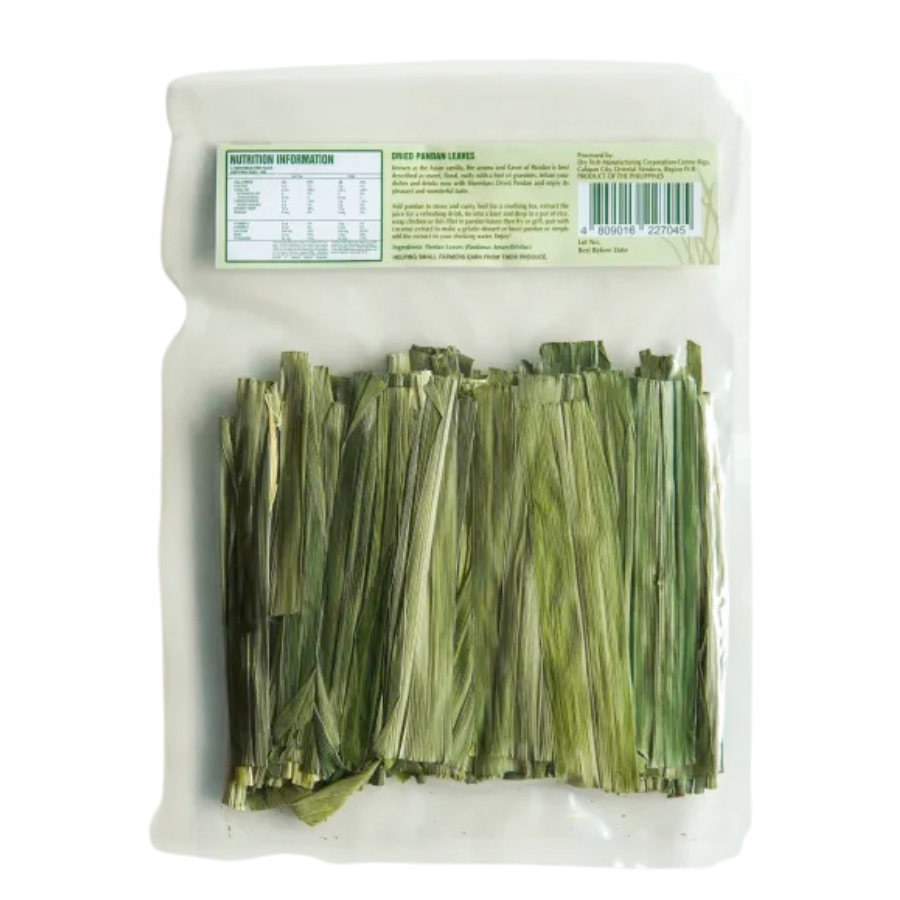Packaged green herbs with labels on a white background