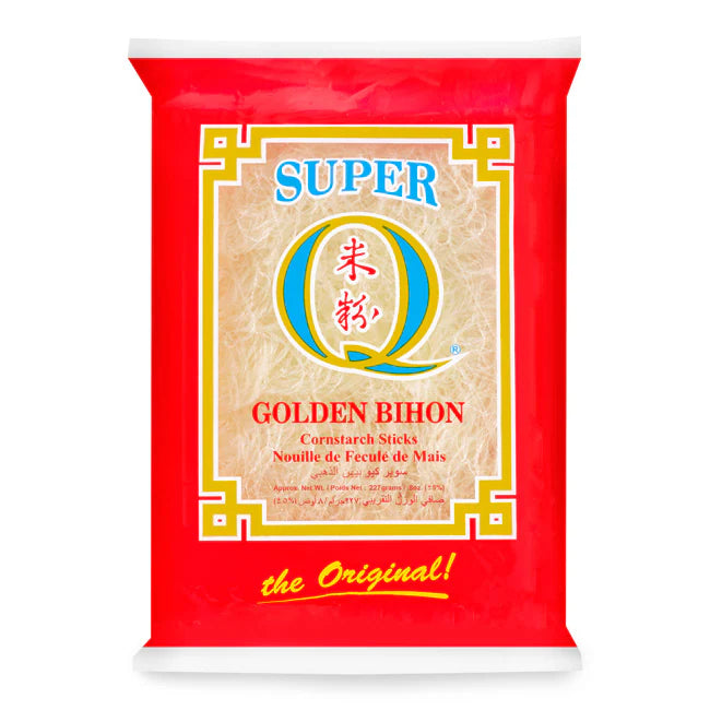 Super Q Golden Bihon Cornstarch Sticks in red packaging with a clear window, showcasing thin rice noodles and a gold-bordered label.