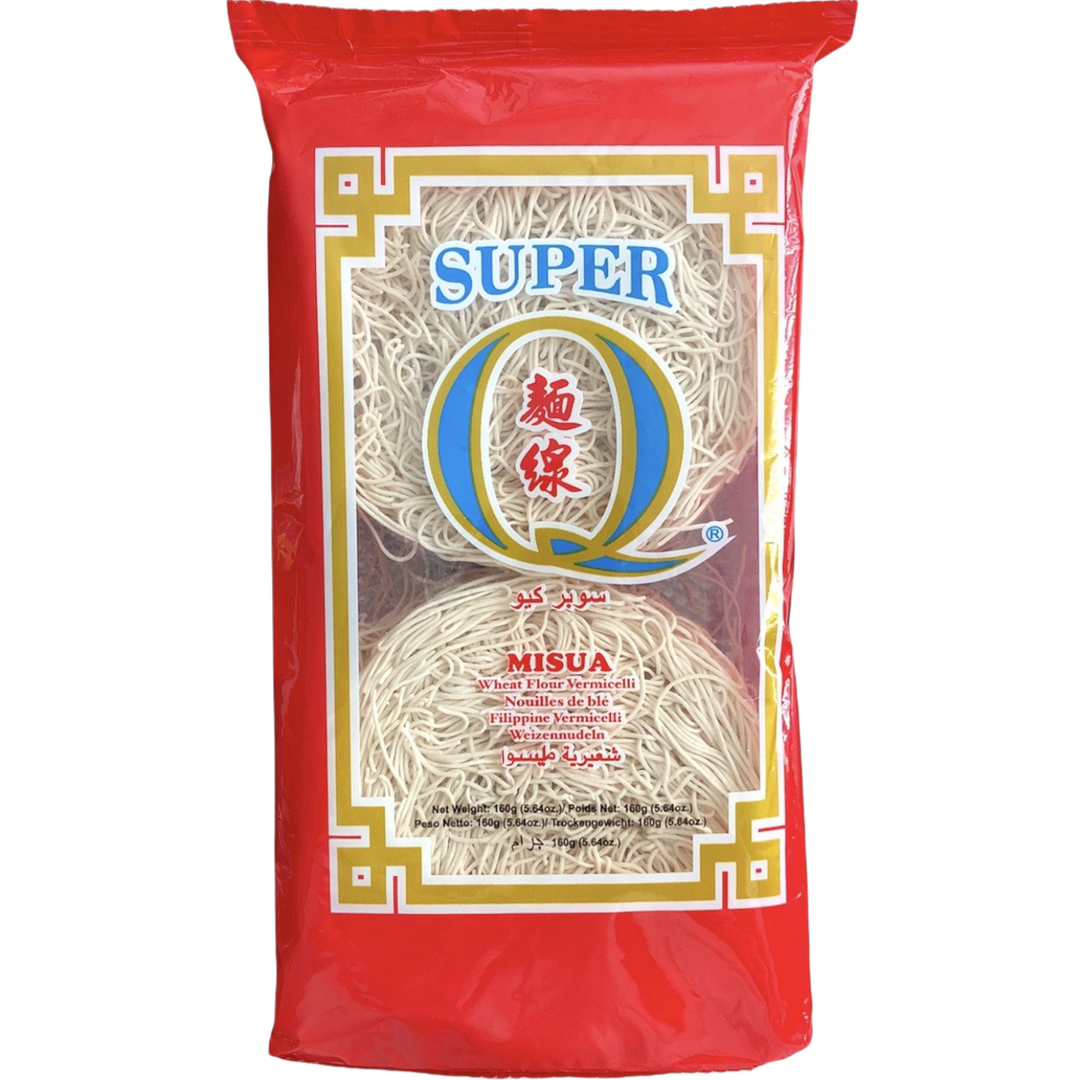 Red plastic packaging of Super Q Misua Wheat Flour Vermicelli, with product visible through a clear window, and Chinese characters printed on the package.