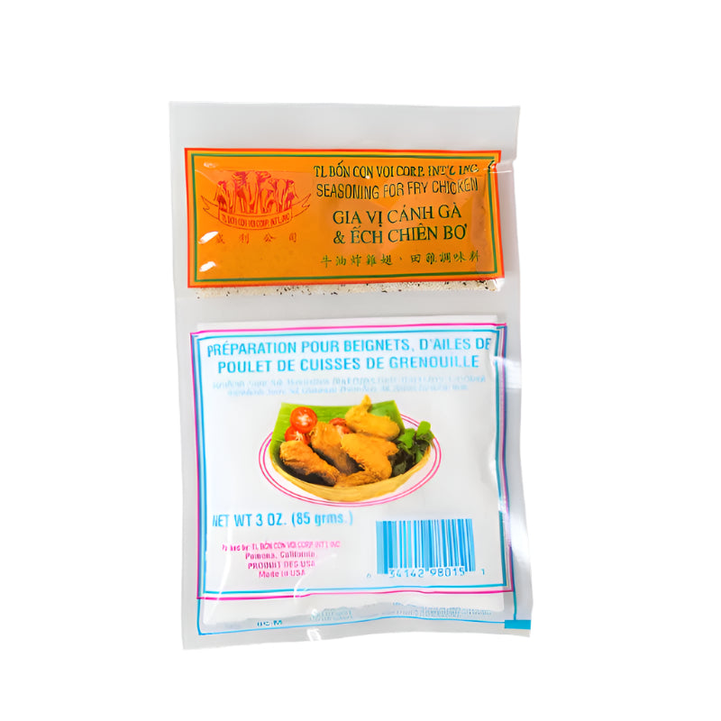 Packaging of TL Bon Con Voi Corp Seasoning for Fry Chicken, showing the product name and an image of fried chicken.