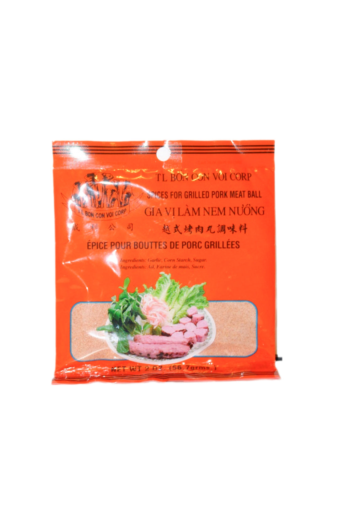 Orange plastic packaging of TL Bon Con Voi Corp Spices for Grilled Pork Meat Ball (Nem Nuong) with the front image showing nem nuongs and green vegetables plated in a bowl.