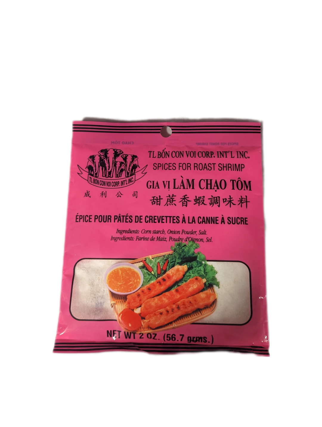 Pink Packaging of TL Bon Con Voi Corp Spices for Roast Shrimp, featuring images of shrimp and lettuce, and dipping sauce.