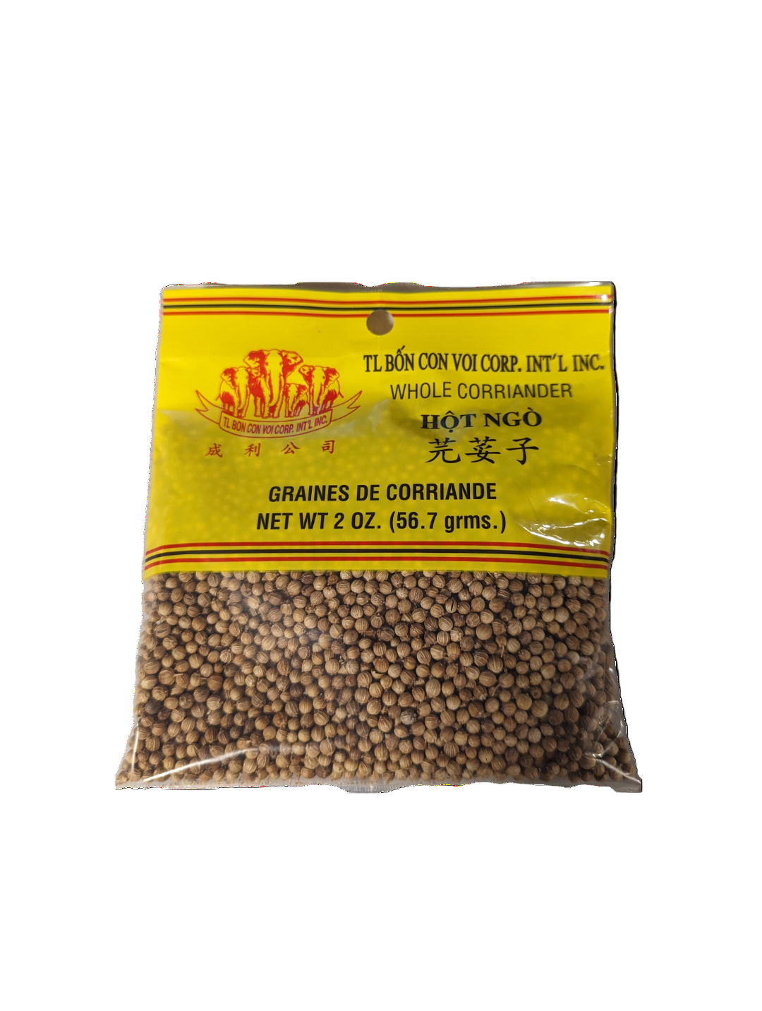 A square plastic package of TL Bon Con Voi Corp Whole Coriander with a yellow label featuring a four-elephant logo and a transparent section showing the whole coriander seeds inside.
