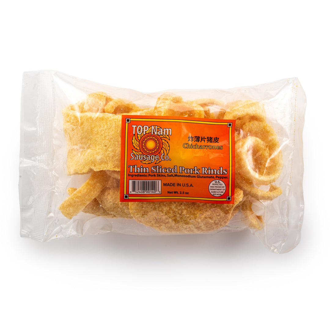 Packaged TOP Nam Thin Sliced Pork Rinds in a clear plastic bag with an orange label, showing the product name and weight information.
