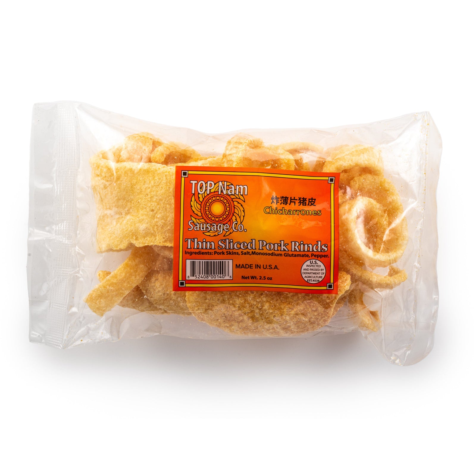 Packaged TOP Nam Thin Sliced Pork Rinds in a clear plastic bag with an orange label, showing the product name and weight information.