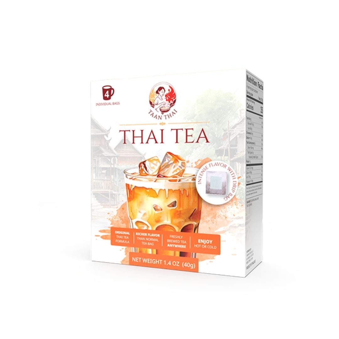 Box of Taan Thai Tea with image of a cup and tea bags, against a white background