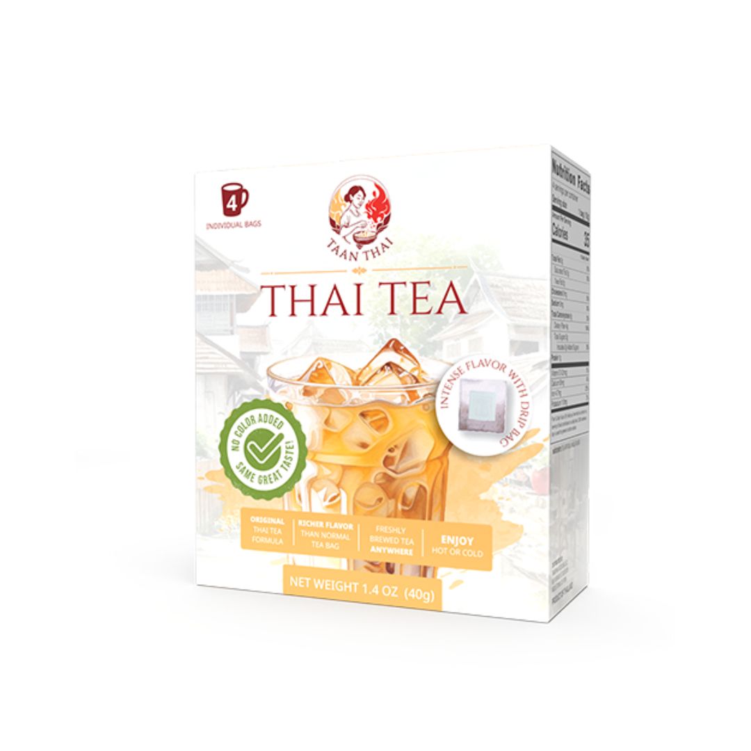 Box of Taan Thai Tea with image of the tea and vanilla on the front, along with dietary preference labels such as gluten-free and no added color.