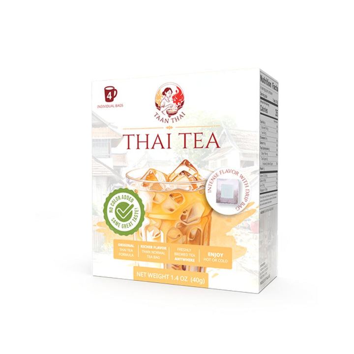 Box of Taan Thai Tea with image of the tea and vanilla on the front, along with dietary preference labels such as gluten-free and no added color.