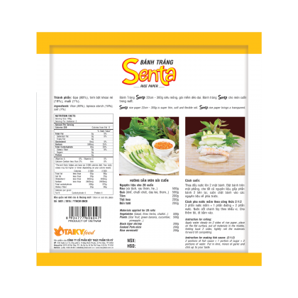 Senta rice paper packaging with images of rice paper rolls and text on a white background