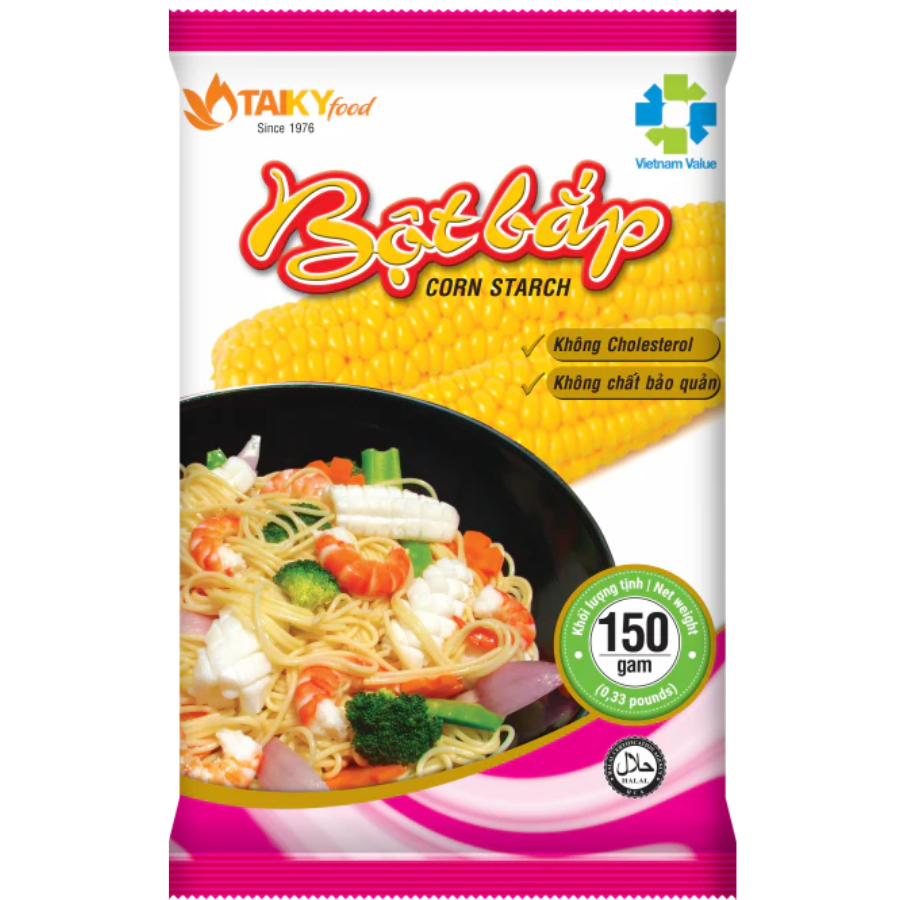 Taky Food Bột Gắp corn starch package with a bowl of noodles and vegetables on a white background