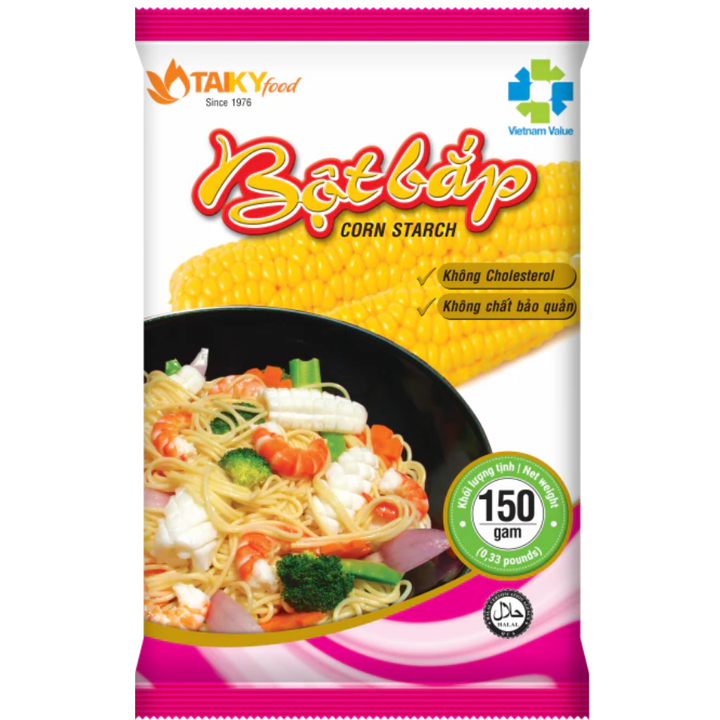 Taky Food Bột Gắp corn starch package with a bowl of noodles and vegetables on a white background