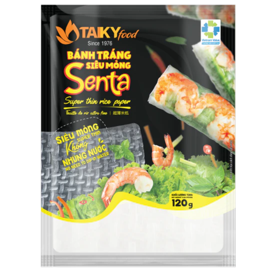 Packaging of Taiky food Senta super thin rice paper with shrimp and vegetables on a white background