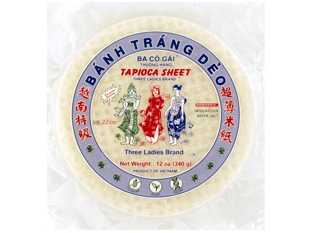 Banh Trang Deo tapioca sheet packaging with Three Ladies Brand logo on a white background