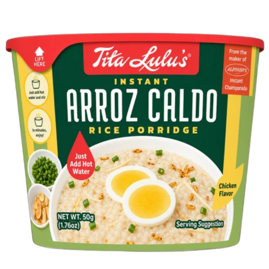 Tita Lulu's Instant Arroz Caldo rice porridge packaging with a chicken flavor label.