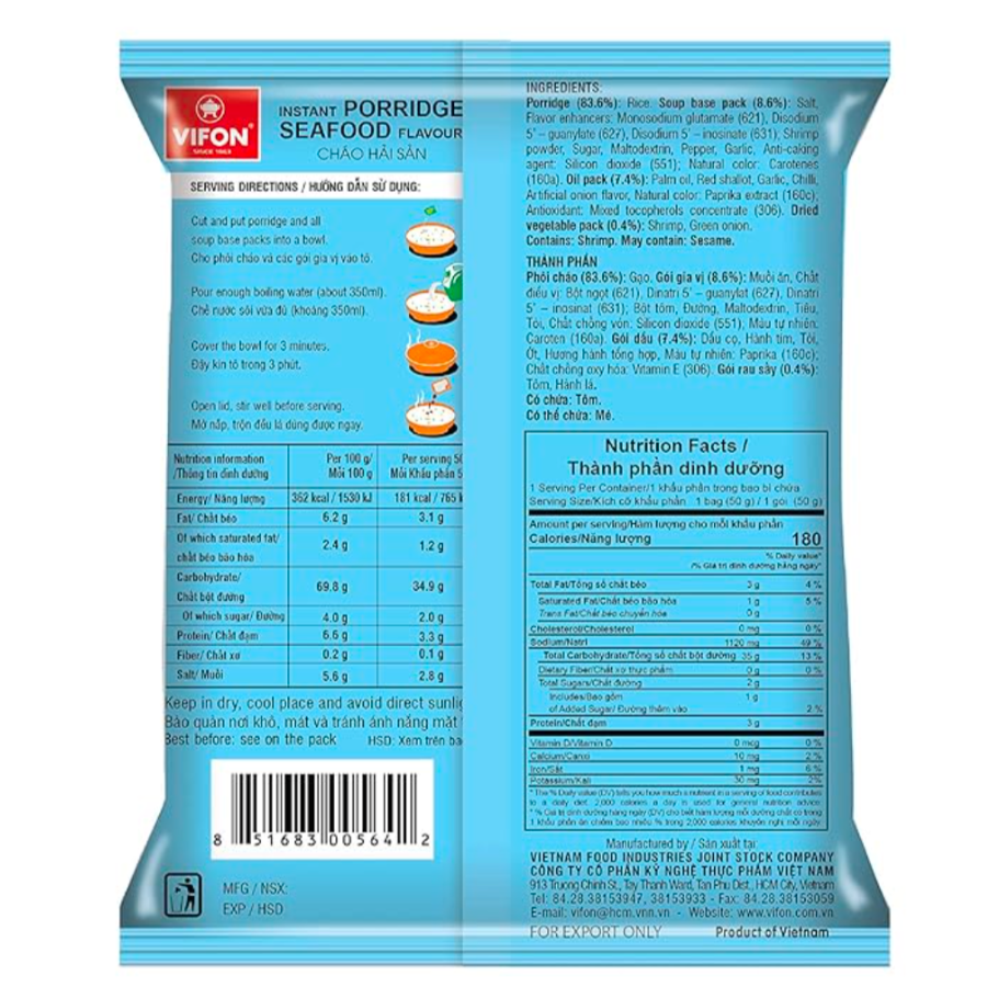 Back view of a Vifon instant porridge packaging with blue color scheme