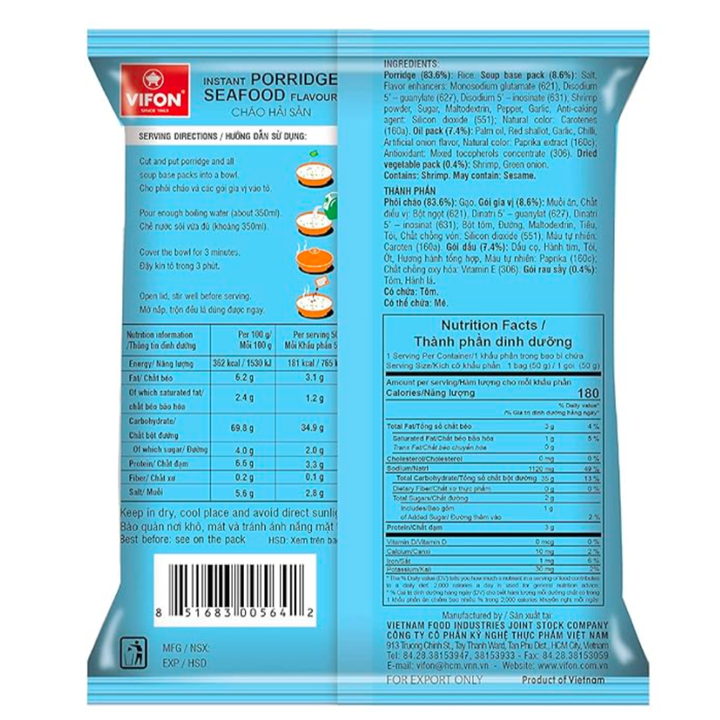 Back view of a Vifon instant porridge packaging with blue color scheme