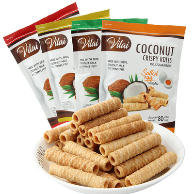Vilai Coconut Crispy Rolls with packaging on a white background