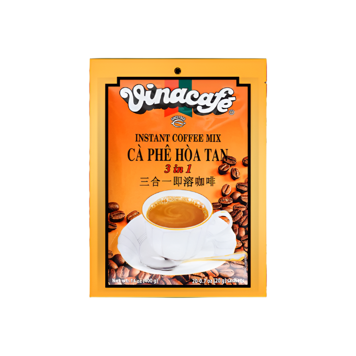 Vinacafe instant coffee mix package with a cup of coffee and coffee beans on a white background