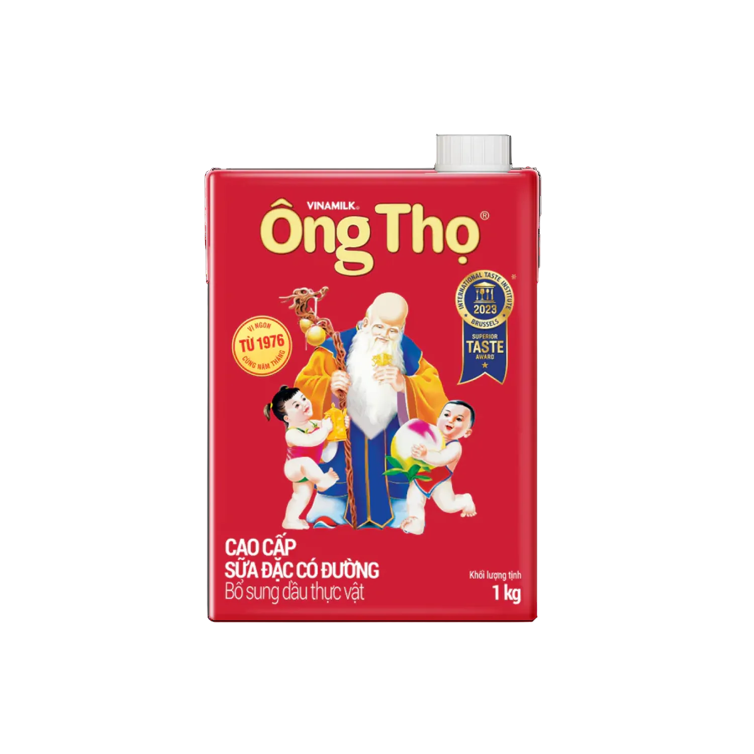 Red milk carton with illustrated characters and branding on a white background