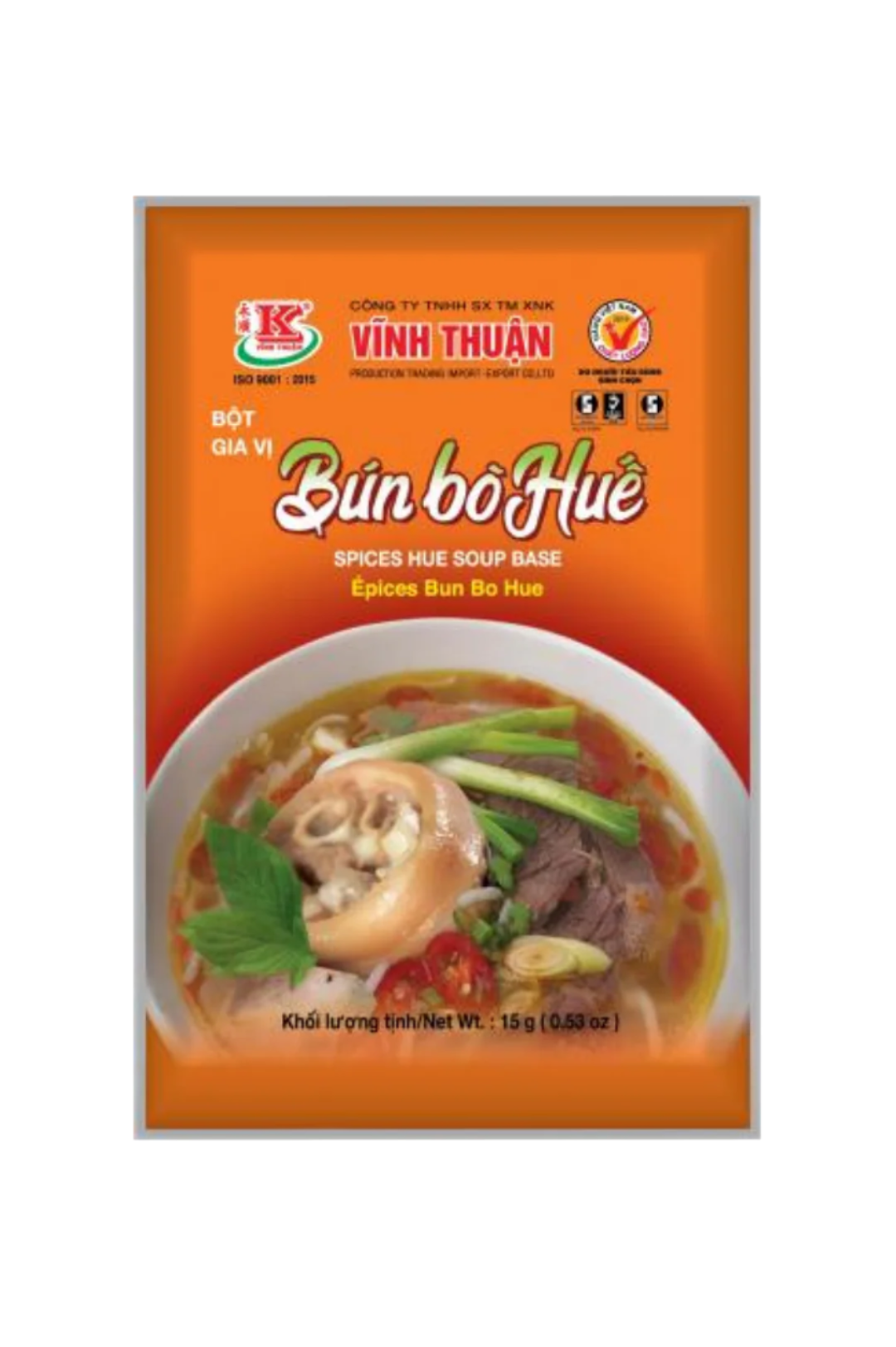 15g Vinh Thuận Bún Bò Huế spice mix for Vietnamese soup, showing one pork hock, sliced chili, lemongrass, scallions & noodles.