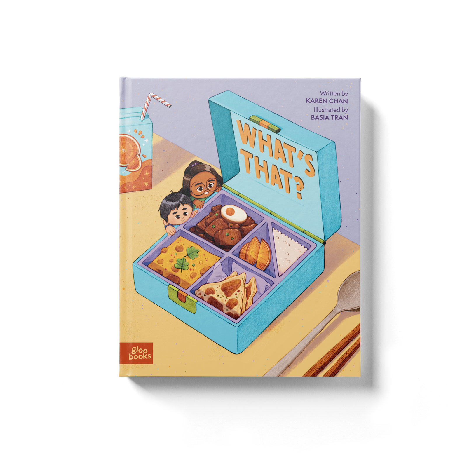 Cover of the children's picture book 'What's That?' depicting a lunch box with various foods and a drink, alongside a character looking curiously.