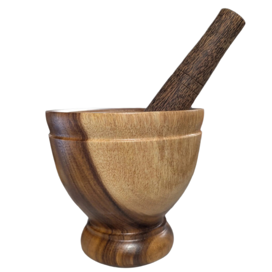 Wooden mortar and pestle on a white background