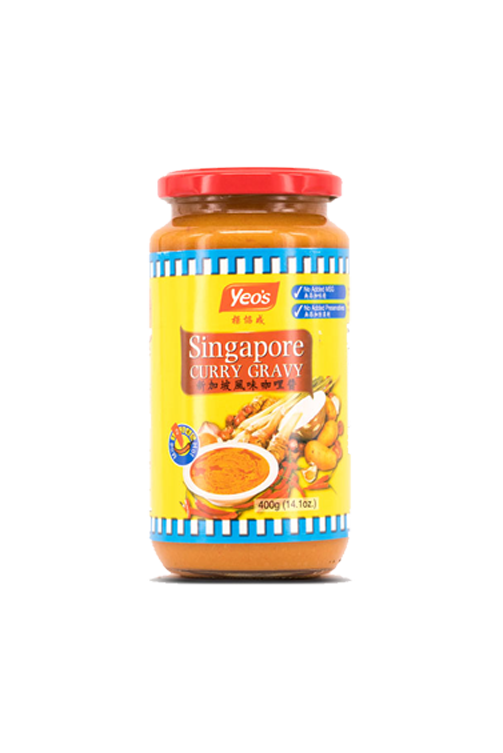 Jar of Yeo's Singapore Curry Gravy on a white background