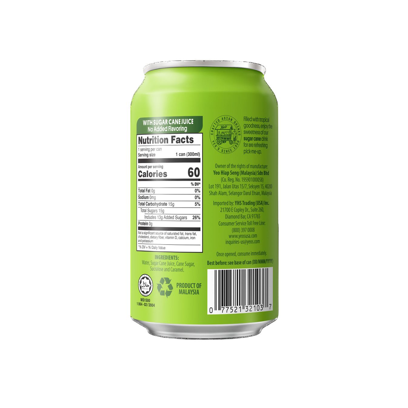 Green can with nutrition facts label on a white background