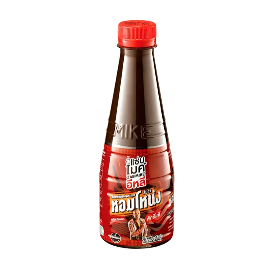 A bottle of Thai fermented fish sauce with a red cap and red label, featuring the brand name 'MIKE' embossed on the bottle, set against a plain white background.